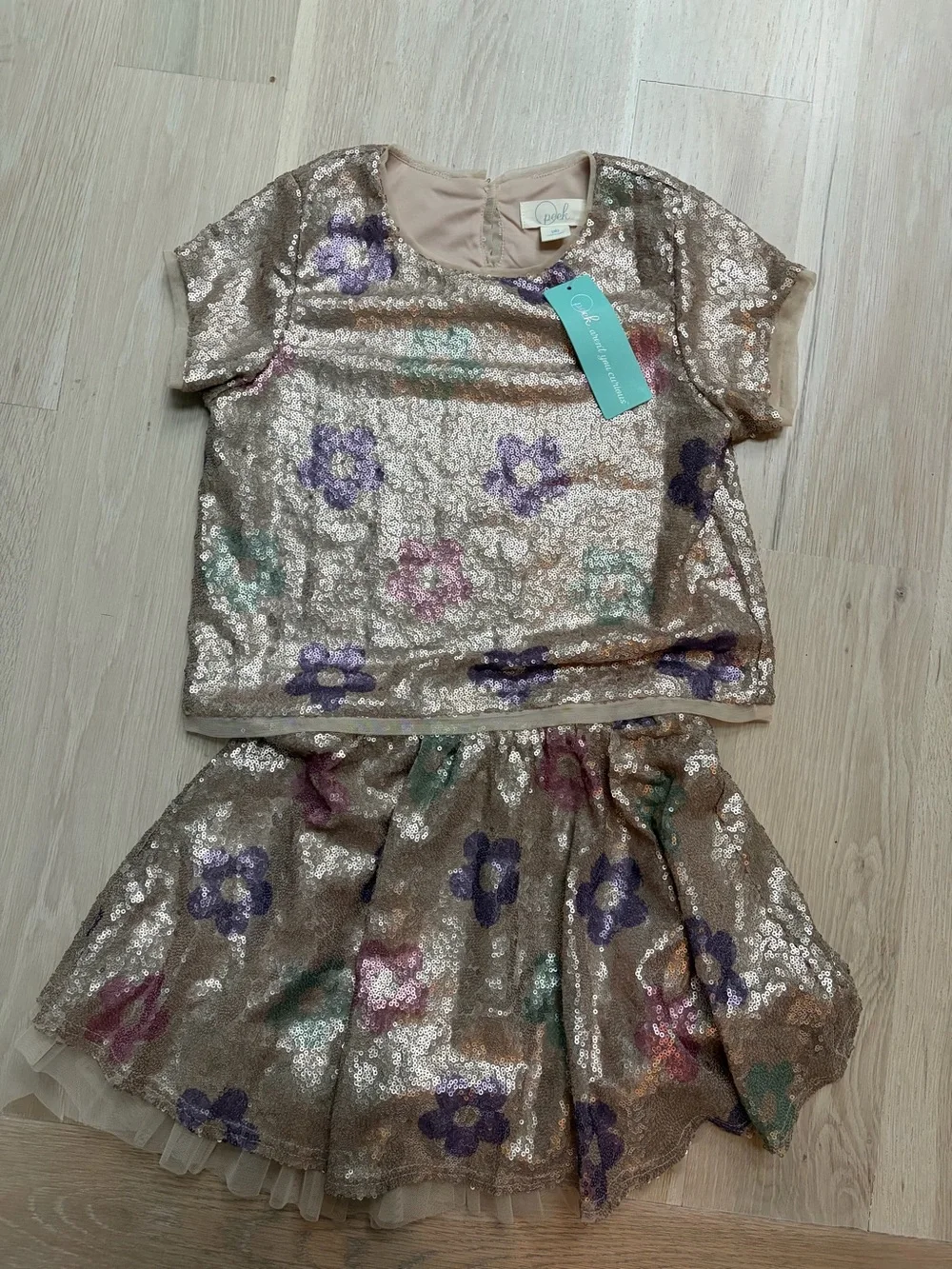 Peek Gold Sequin Floral Top and Twirl Skirt Set NWT